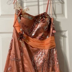Peach, flowered wedding party dress